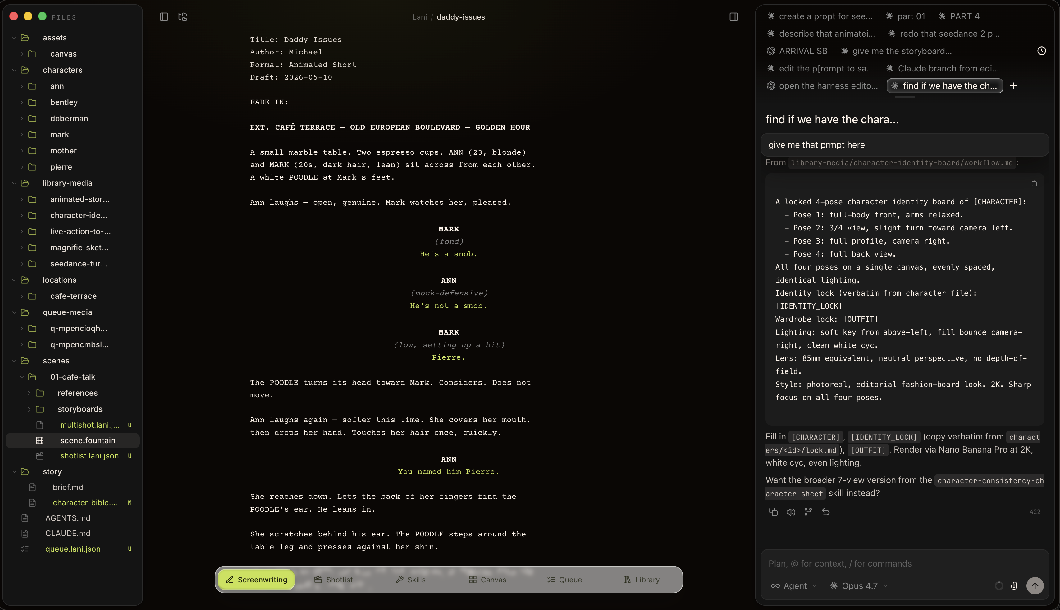 Lani — the screenplay view with the .fountain editor and the agent rail