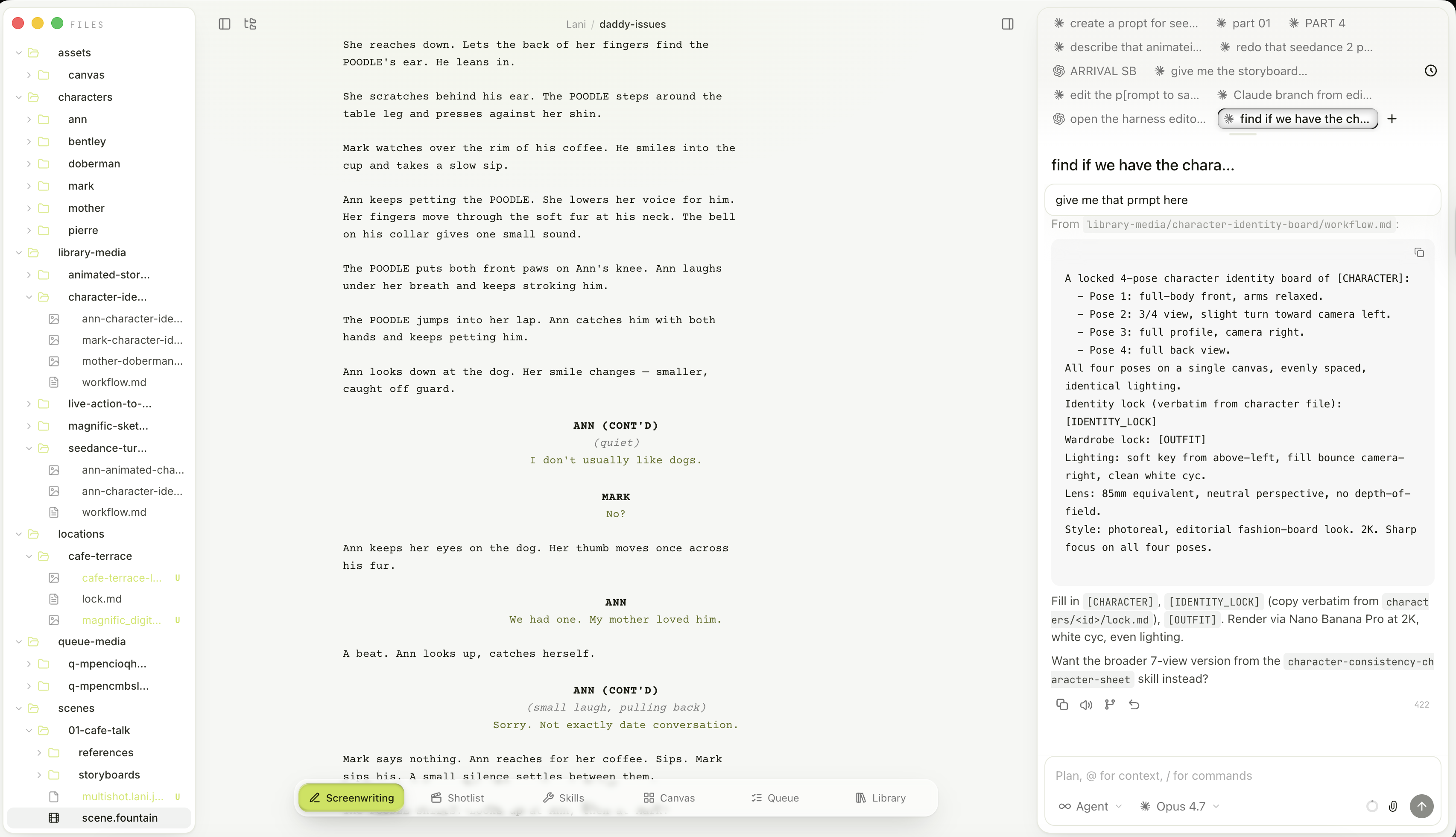 Lani — the screenplay view with the .fountain editor and the agent rail
